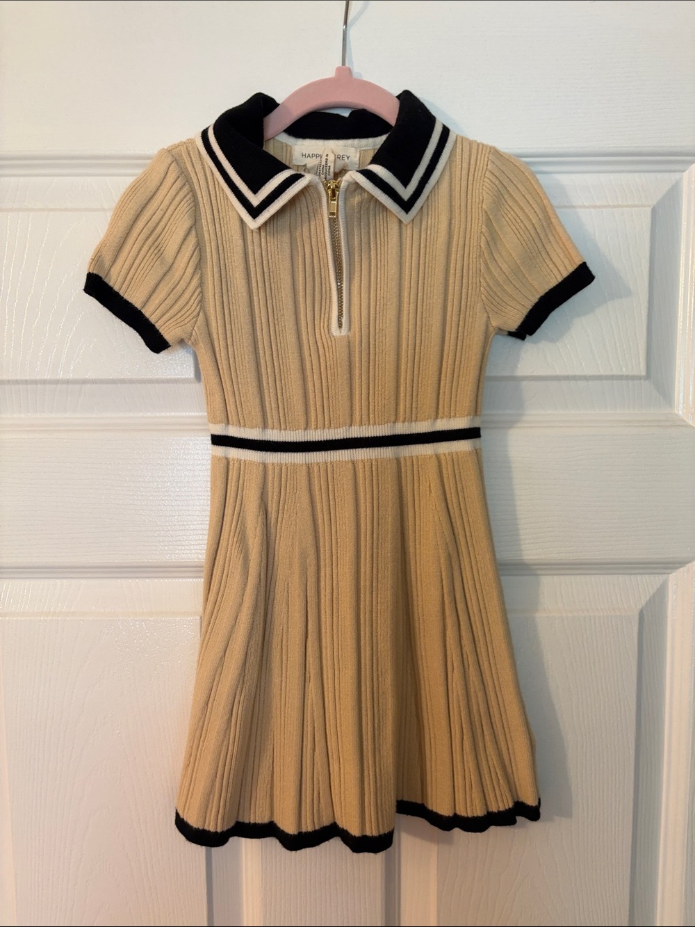 Beige Knit Polo Dress with Black Trim - Kids